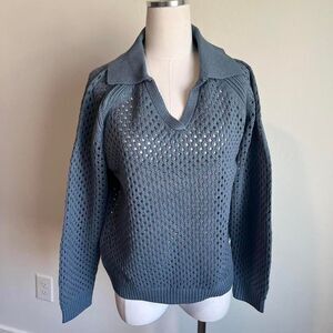 NWOT indigo thread co. Blue knitted sweater with collar. Size medium